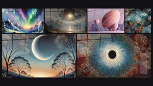 Mosaïque de six tableaux, dont Le Miroir des Cieux, Douceur Astrale et Galaxie spirale cosmique