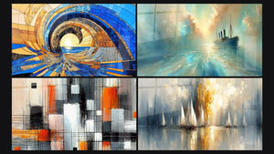 Mosaïque de quatre tableaux, dont Tunnel temporel doré, Au Cœur de la Brise et Mécanique des couleurs
