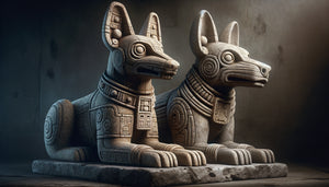 Sculptures toltèques comparatives montrant coyote et chien avec différences anatomiques précises, art précolombien mésoaméricain 10-11ème siècle