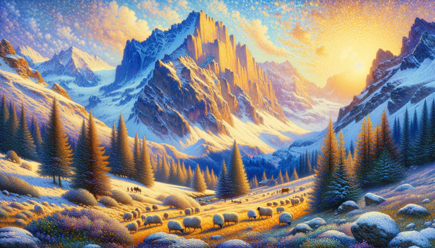 Paysage alpin peint en technique divisionniste de Segantini avec traits de couleurs pures séparés capturant la lumière mystique de montagne