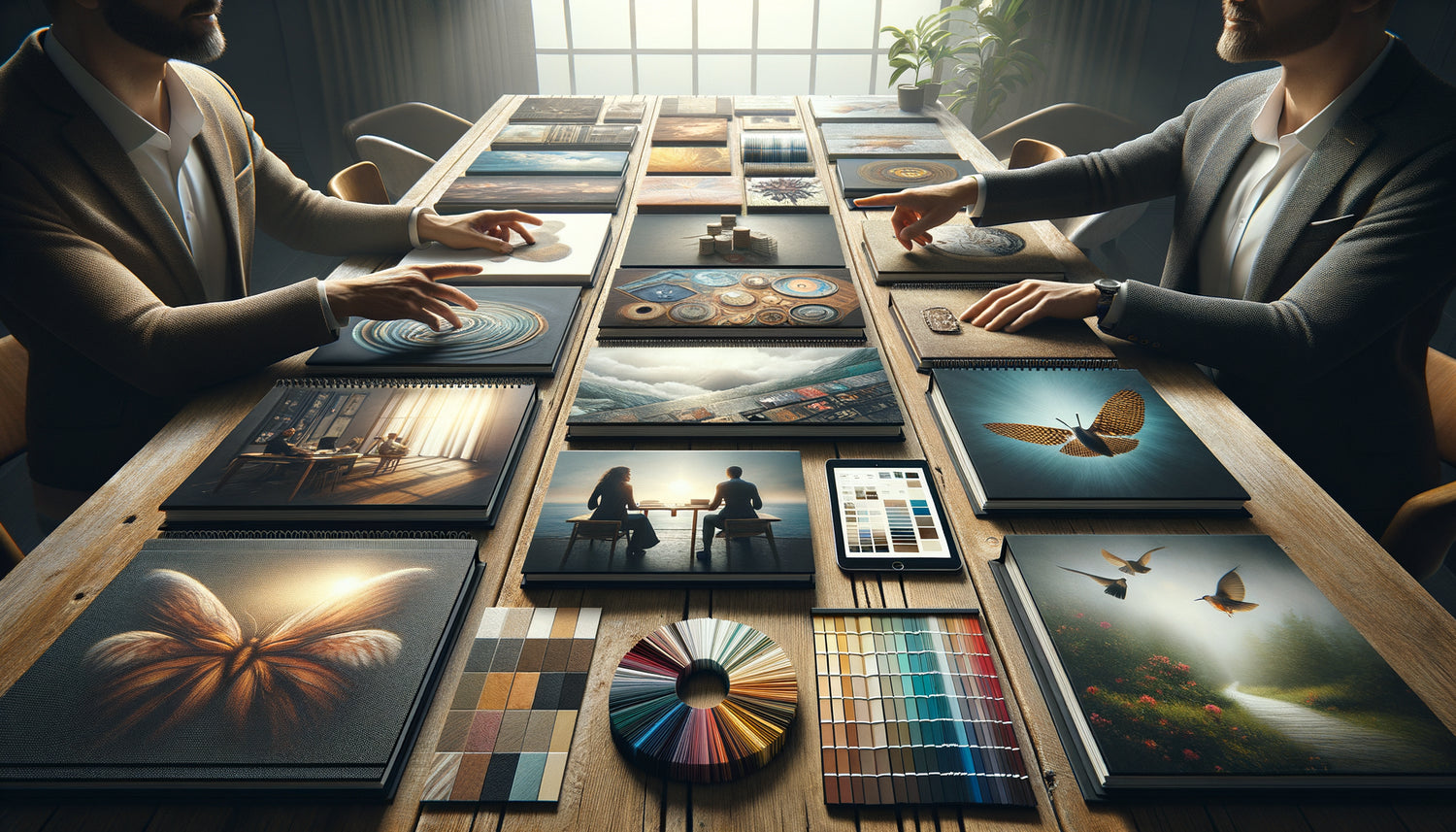 Consultation artistique avec portfolios variés d'artistes locaux étalés sur une table lors d'une réunion de sélection
