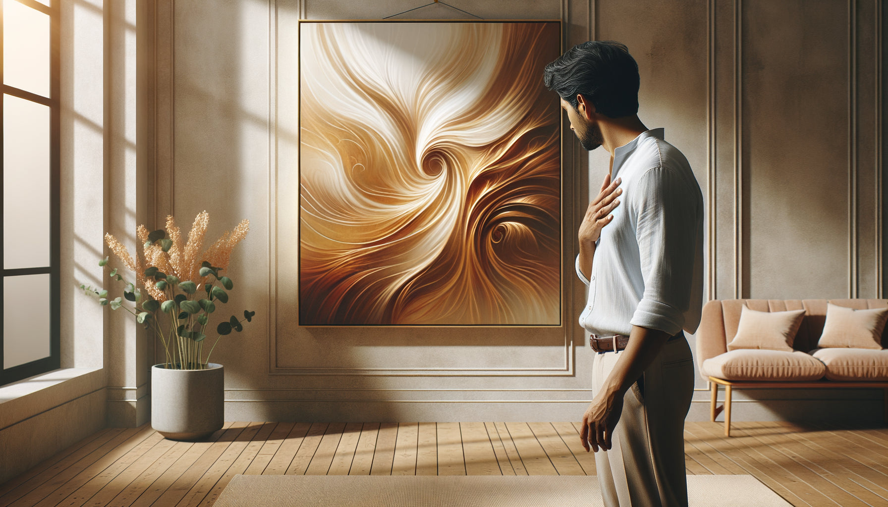 Personne contemplant une œuvre abstraite contemporaine symbolisant sa transformation personnelle dans un intérieur lumineux