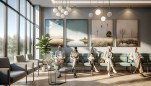 Salle d'attente médicale moderne avec patients de différentes générations et œuvres d'art apaisantes universelles aux murs