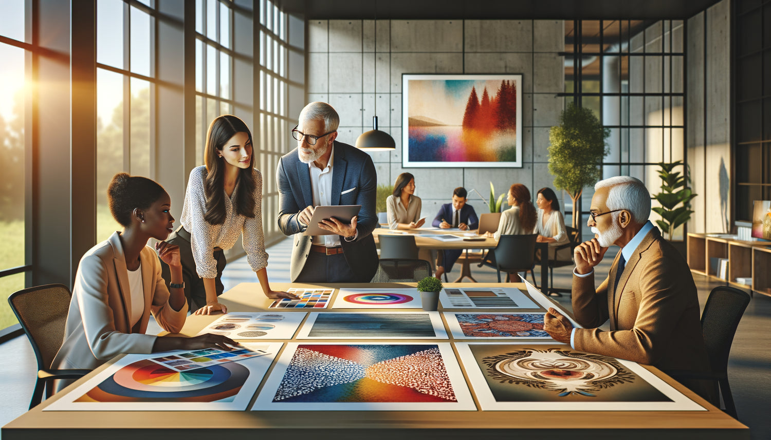 Équipe multigénérationnelle collaborant autour d'une table pour sélectionner des œuvres d'art variées dans un bureau moderne