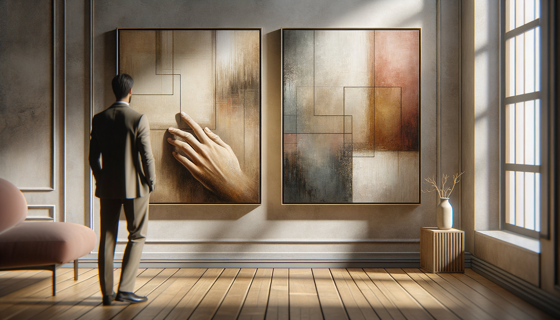 Mains examinant deux tableaux côte à côte pour illustrer le choix entre œuvre intemporelle et tendance éphémère