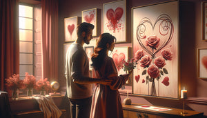 Couple choisissant ensemble un tableau romantique de Saint-Valentin parmi différents styles artistiques pour leur intérieur