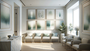 Série de 5 tableaux coordonnés aux tons apaisants bleus et verts installés sur mur de cabinet médical contemporain
