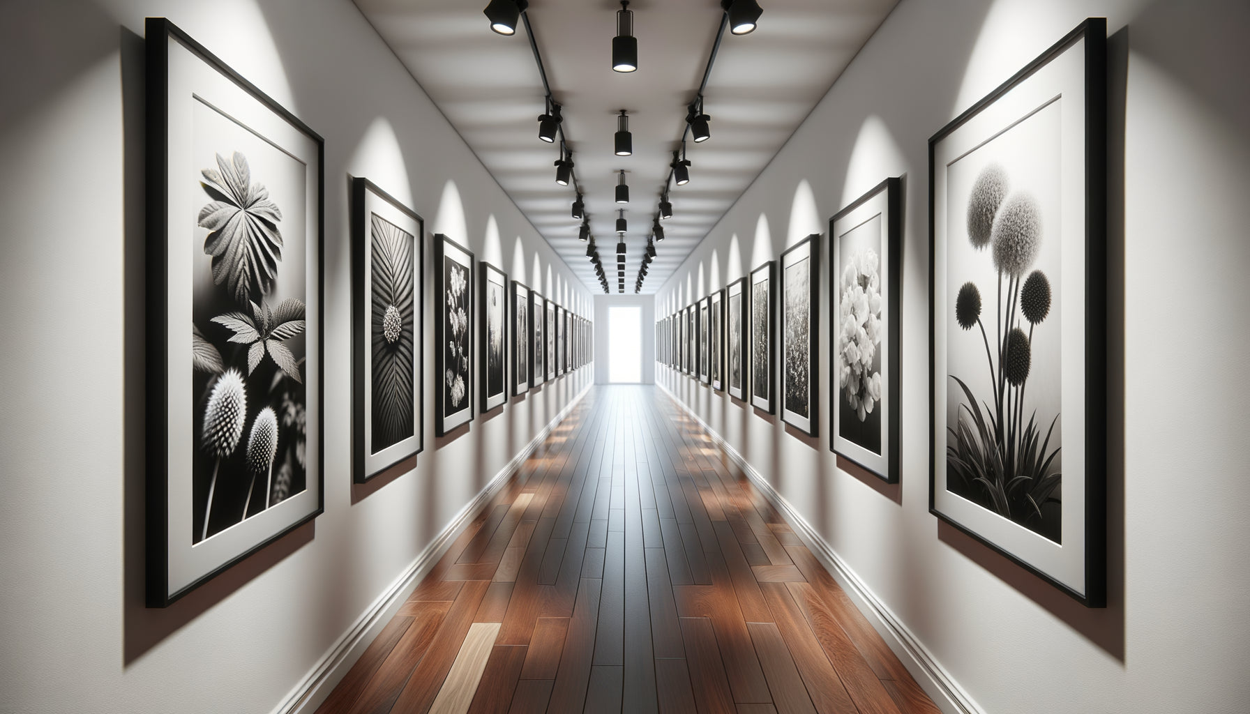 Couloir contemporain aménagé en galerie photo personnelle avec série thématique cohérente en noir et blanc