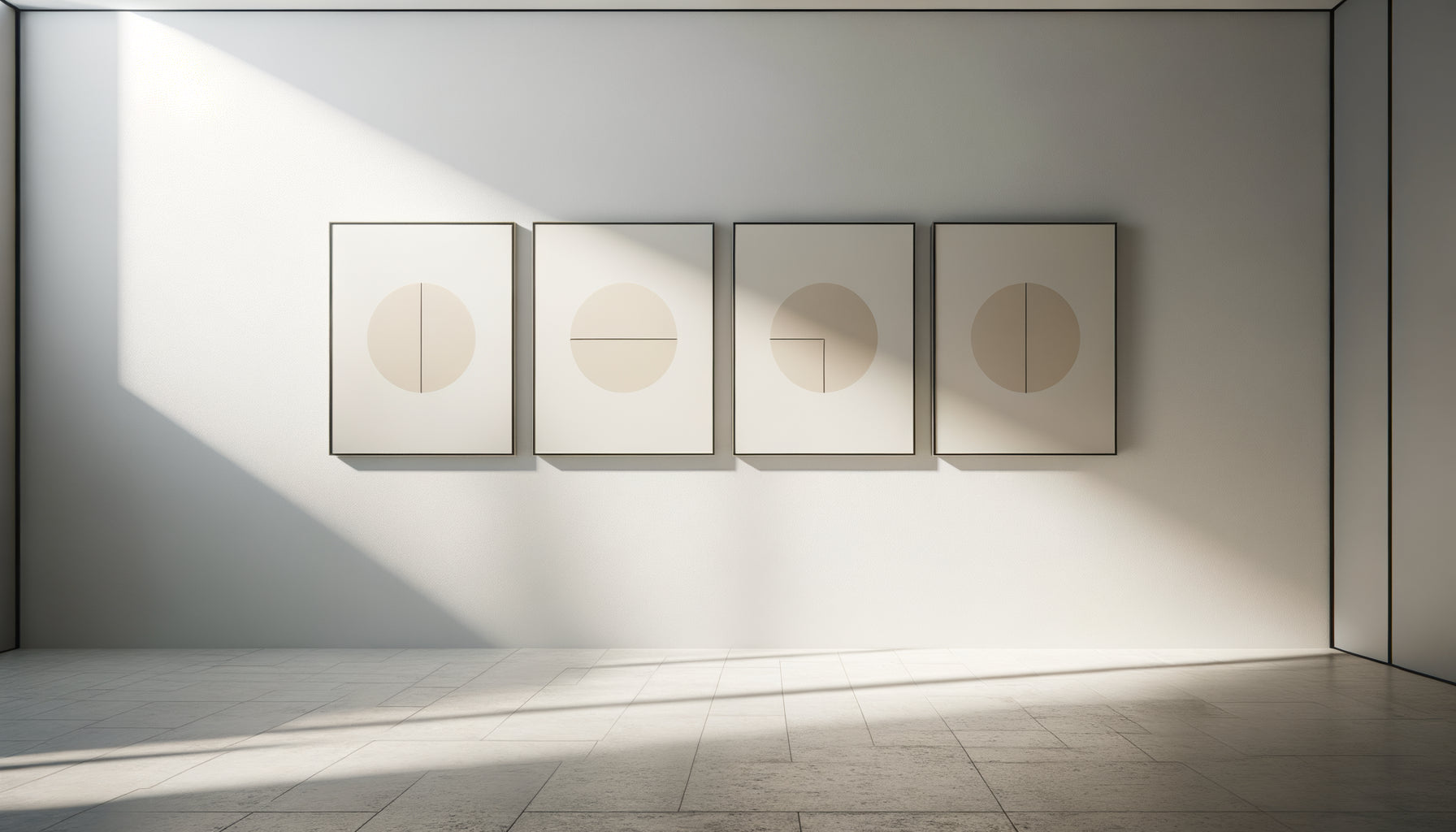 Triptyque minimaliste contemporain de trois tableaux géométriques simples répétés avec espacement parfait sur mur blanc