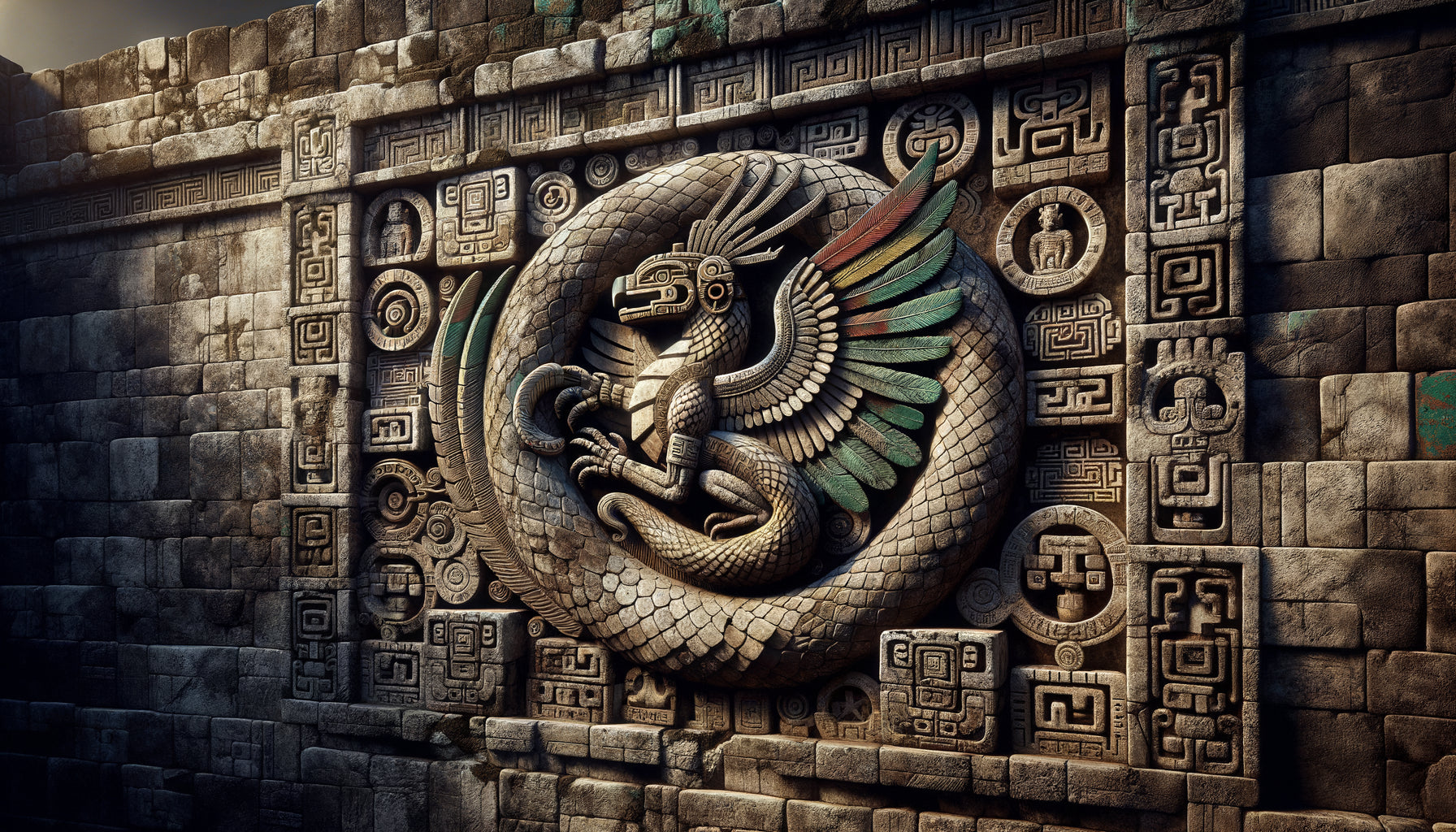 Relief mural méso-américain précolombien représentant un serpent à plumes sculpté sur pyramide aztèque-maya avec glyphes sacrés