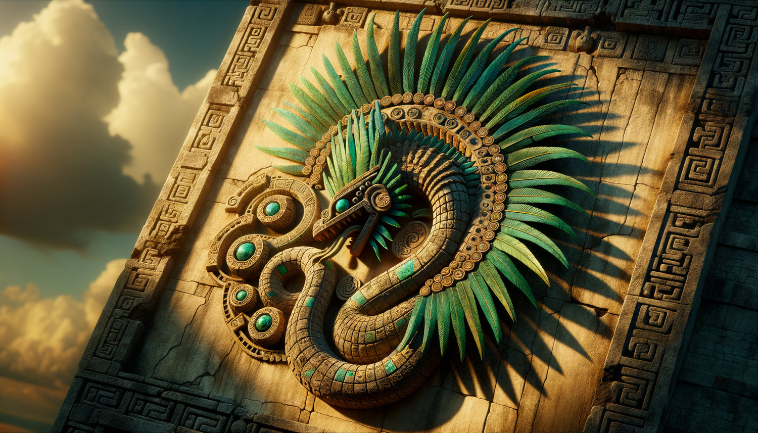Relief en pierre précolombien d'un serpent à plumes mésoaméricain Quetzalcóatl, art aztèque 15ème siècle, détails de plumes et mosaïques