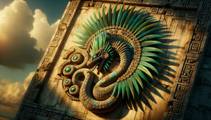 Relief en pierre précolombien d'un serpent à plumes mésoaméricain Quetzalcóatl, art aztèque 15ème siècle, détails de plumes et mosaïques