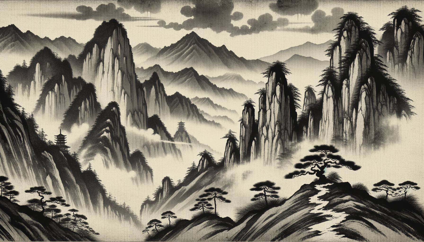 Peinture à l'encre monochrome style Sesshū Tōyō, paysage montagneux zen du XVe siècle évoquant pèlerinage spirituel