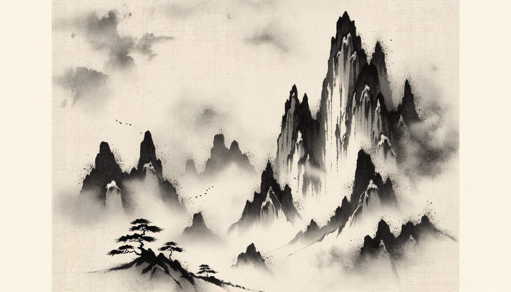 Paysage japonais à l'encre de style Sesshu Toyo, période Muromachi, technique du pinceau quasi-sec, traits minimalistes zen