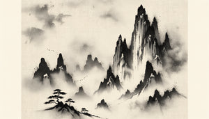 Paysage japonais à l'encre de style Sesshu Toyo, période Muromachi, technique du pinceau quasi-sec, traits minimalistes zen