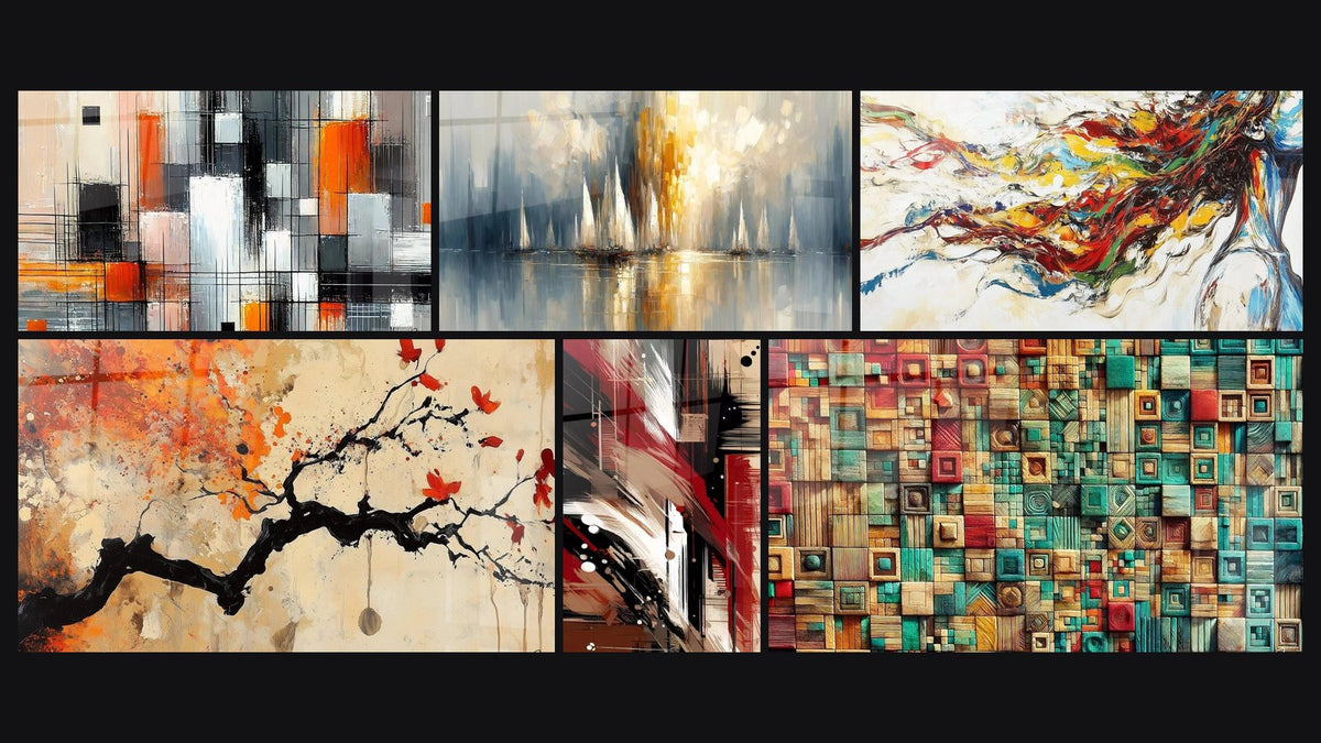 Mosaïque de six tableaux, dont Mécanique des couleurs, Aurore sur la Baie et Terracotta N°4