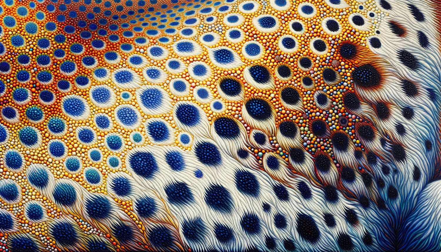 Détail de pelage tacheté peint en pointillisme selon la technique divisionniste de Georges Seurat, points de couleurs pures juxtaposés