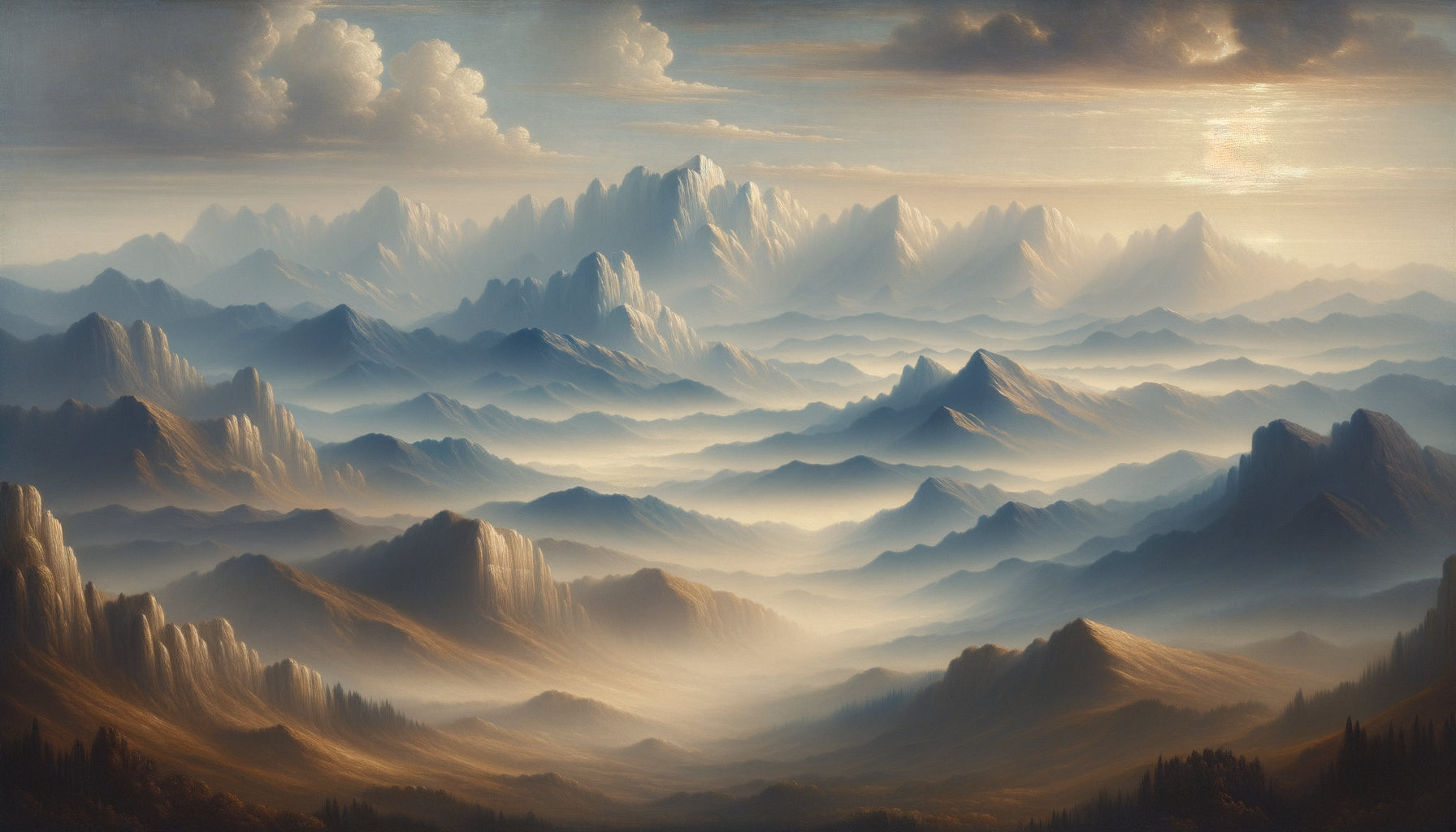 Détail d'arrière-plan paysager Renaissance avec technique du sfumato de Léonard de Vinci, montagnes bleutées fondues dans brume atmosphérique