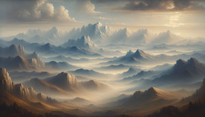 Détail d'arrière-plan paysager Renaissance avec technique du sfumato de Léonard de Vinci, montagnes bleutées fondues dans brume atmosphérique