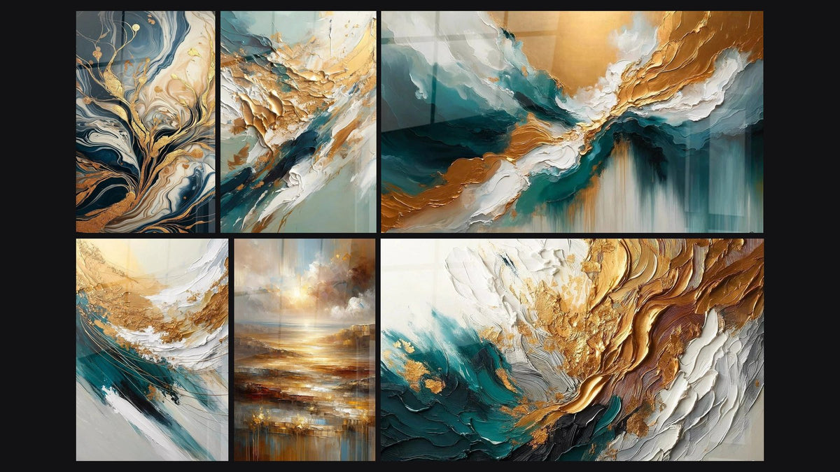 Mosaic of six paintings, including Fluid Golden Trees Abstract, Golden Crest and Foam and Golden Flux and Reflux