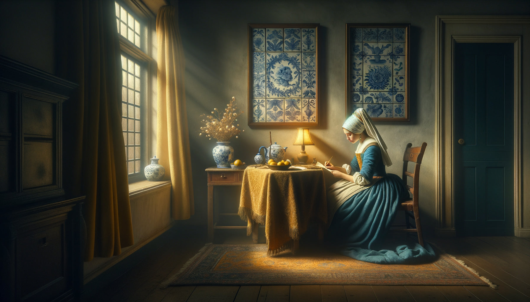 Scène d'intérieur du Siècle d'Or néerlandais dans le style de Vermeer, femme lisant près d'une fenêtre, lumière naturelle caractéristique