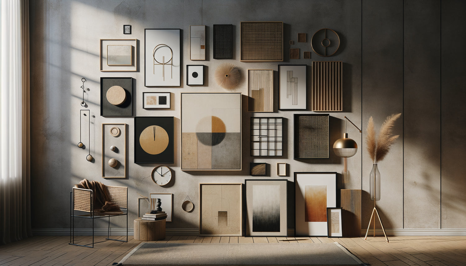 Composition murale éclectique créant une signature visuelle personnelle unique avec arrangement réfléchi de tableaux variés