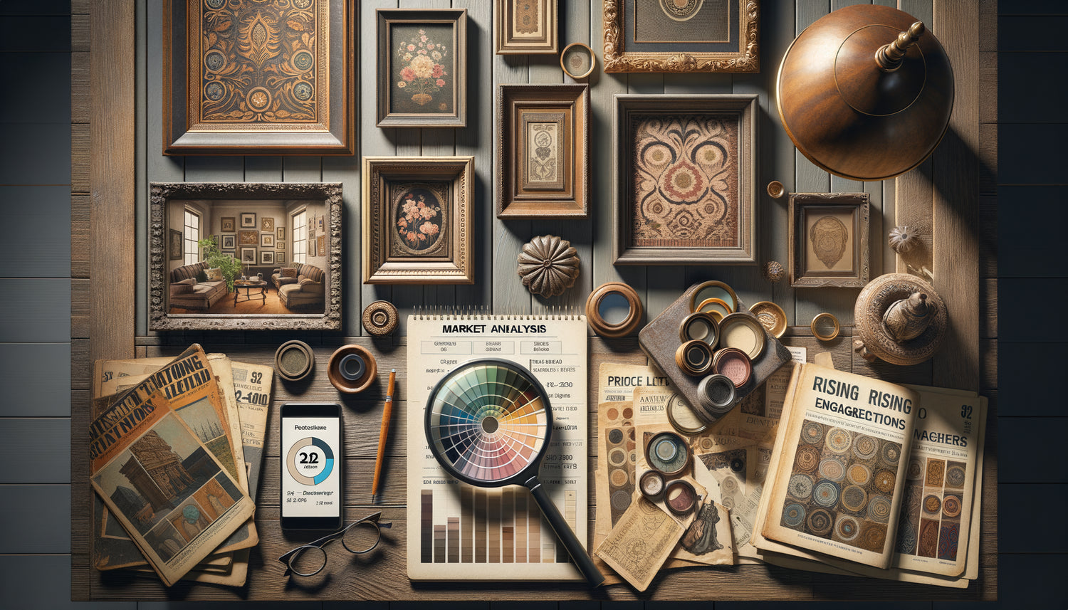 Scène d'analyse de marché vintage avec tableaux muraux rétro, loupe et indicateurs de tendances déco émergentes