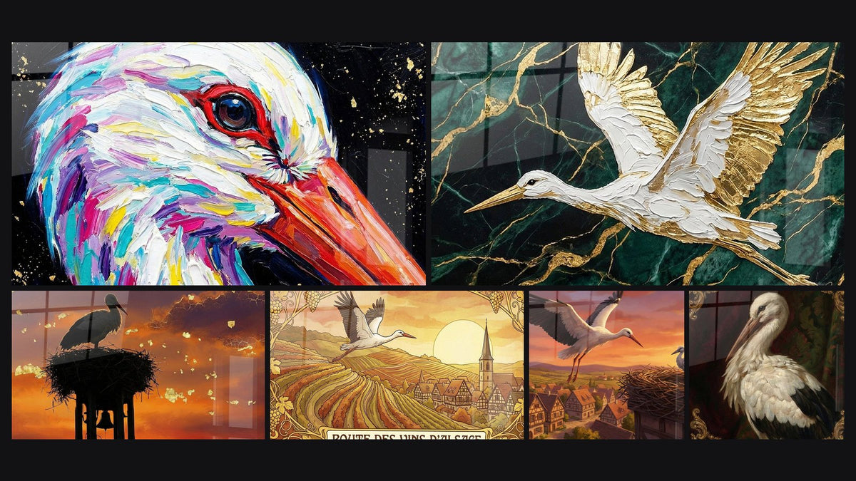 Mosaico de seis cuadros, entre ellos Cigüeña Colorida, Cigüeña al Atardecer y Cigueña