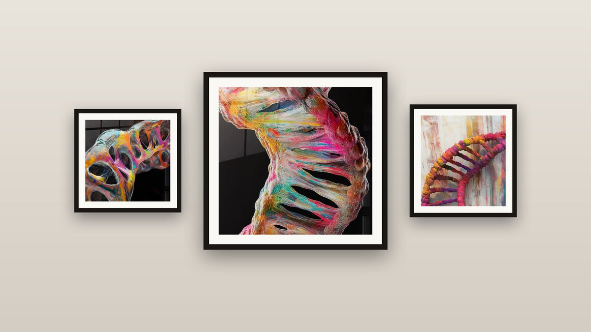 Mur de galerie avec trois tableaux encadrés : Hélice ADN abstraite, Hélice ADN colorée et ADN hélix coloré