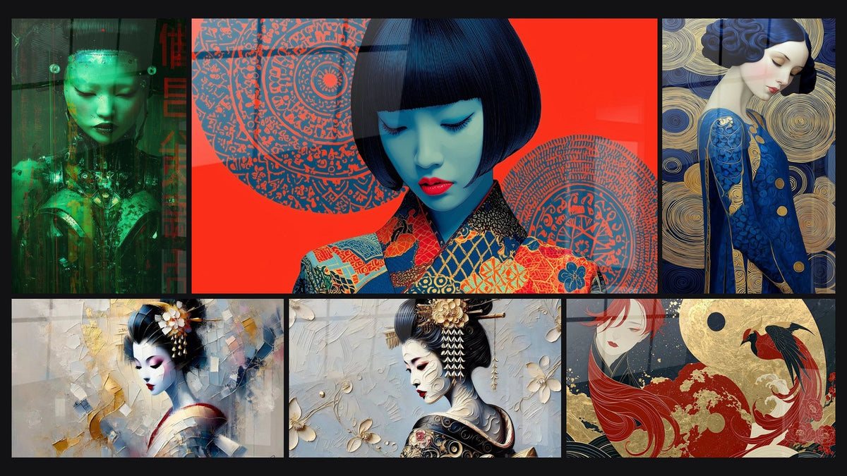 Mosaico de seis cuadros, entre ellos Geisha androide verde esmeralda y rojo, Ornamental de Tradición y Geisha en Flor