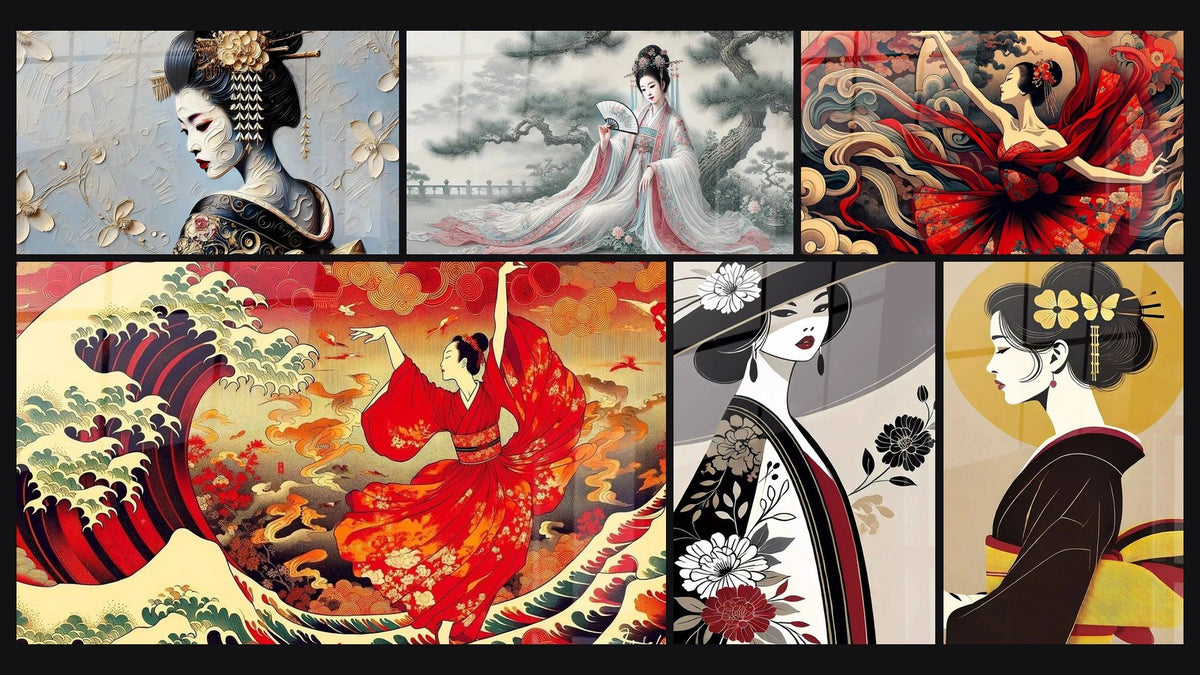 Mosaico di sei quadri, tra cui Geisha in Fiore, Eleganza Primavera e Turbine di Seta