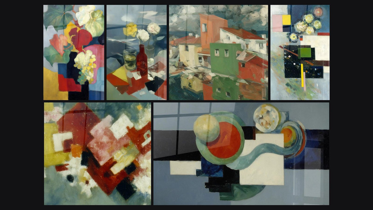 Mosaïque de six tableaux, dont Bouquet Nostalgie Moderne, Nature morte bouteille démente et Village teintes anarchistes
