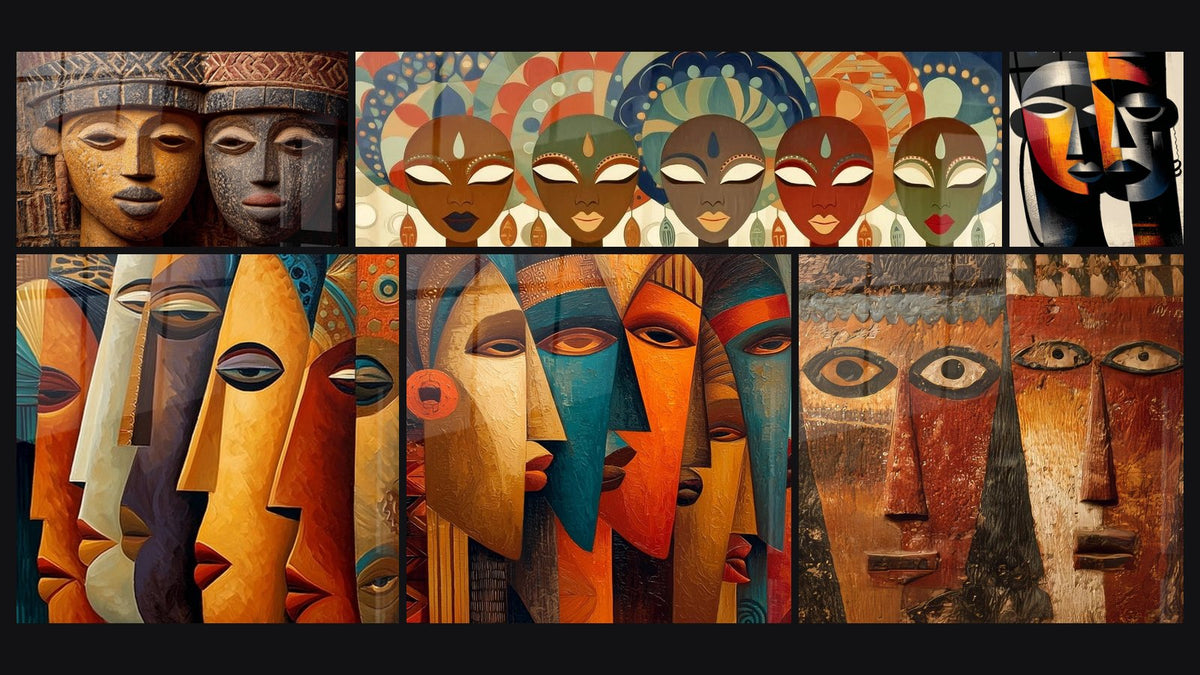 Mosaic of six paintings, including African Ancestral Masks, Masks Traditions and African Masks