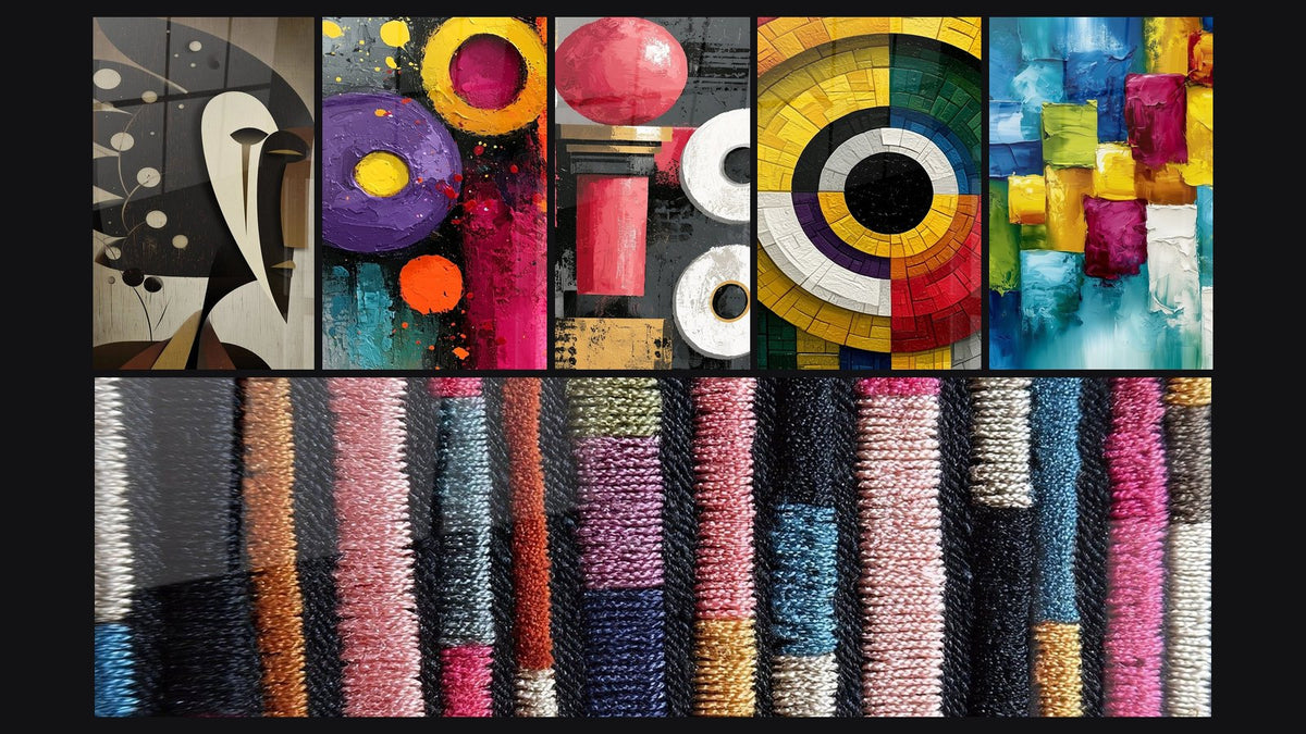 Mosaic of six paintings, including African Heritage Face and Purple and Yellow Circles Textured