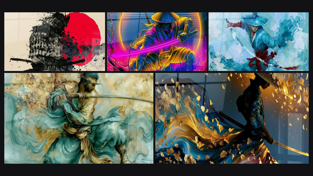Mosaïque de cinq tableaux, dont Guerrier turquoise et bordeaux à l'épée et Guerrier turquoise et doré au katana