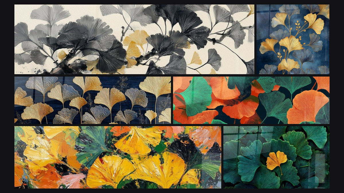 Mosaik aus sechs Gemälden, darunter Ginkgo-Blätter Grau und Gold auf Tinte-Ast