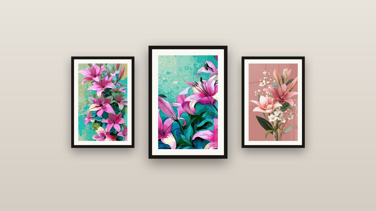 Gallery wall with three framed paintings, including Pink and Turquoise Lily Waterfall Floral