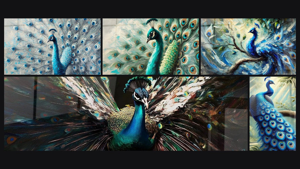Mosaïque de cinq tableaux, dont Éclat Bleu, En Bleu et Vert et Paon éventail d'émeraude