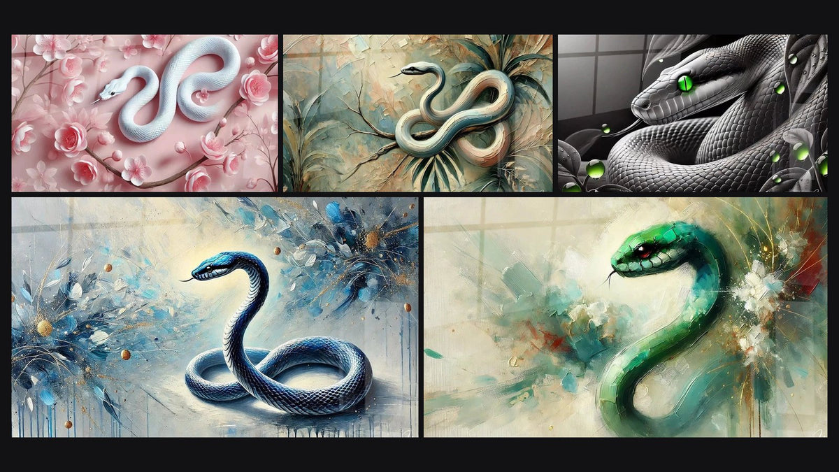 Mosaico di cinque quadri, tra cui Fiori e Squame, Il Giardino del Serpente e Il Silenzio del Serpente