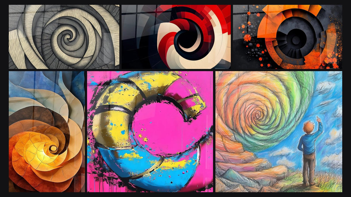 Mosaïque de six tableaux, dont Spirale géométrique texturée, Spirale colorée et Spirale géométrique rouge