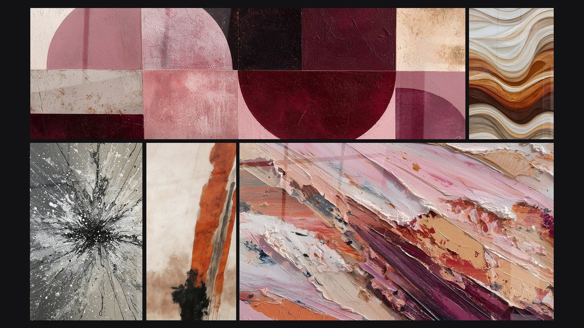 Mosaïque de cinq tableaux, dont Ondulations Fluides Terre et Cuivre et Abstrait aux nuances roses et terres