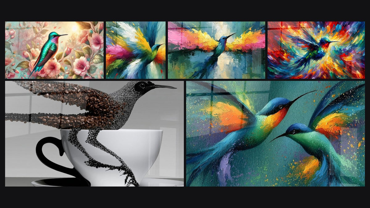 Mosaïque de six tableaux, dont L'Âme des Fleurs, Colibri en grains de café perché et Colibri vert et jaune en plein vol