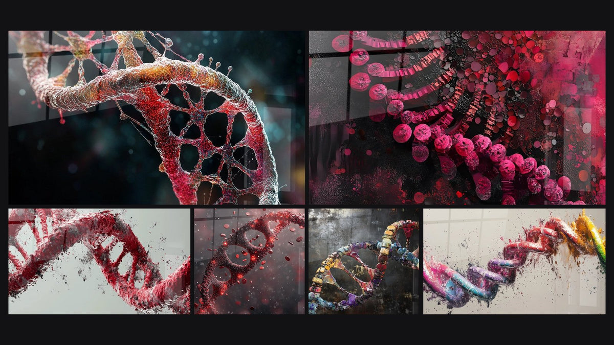 Mosaic of six paintings, including DNA Double Helix, Exploding DNA Helix and Red DNA Helix