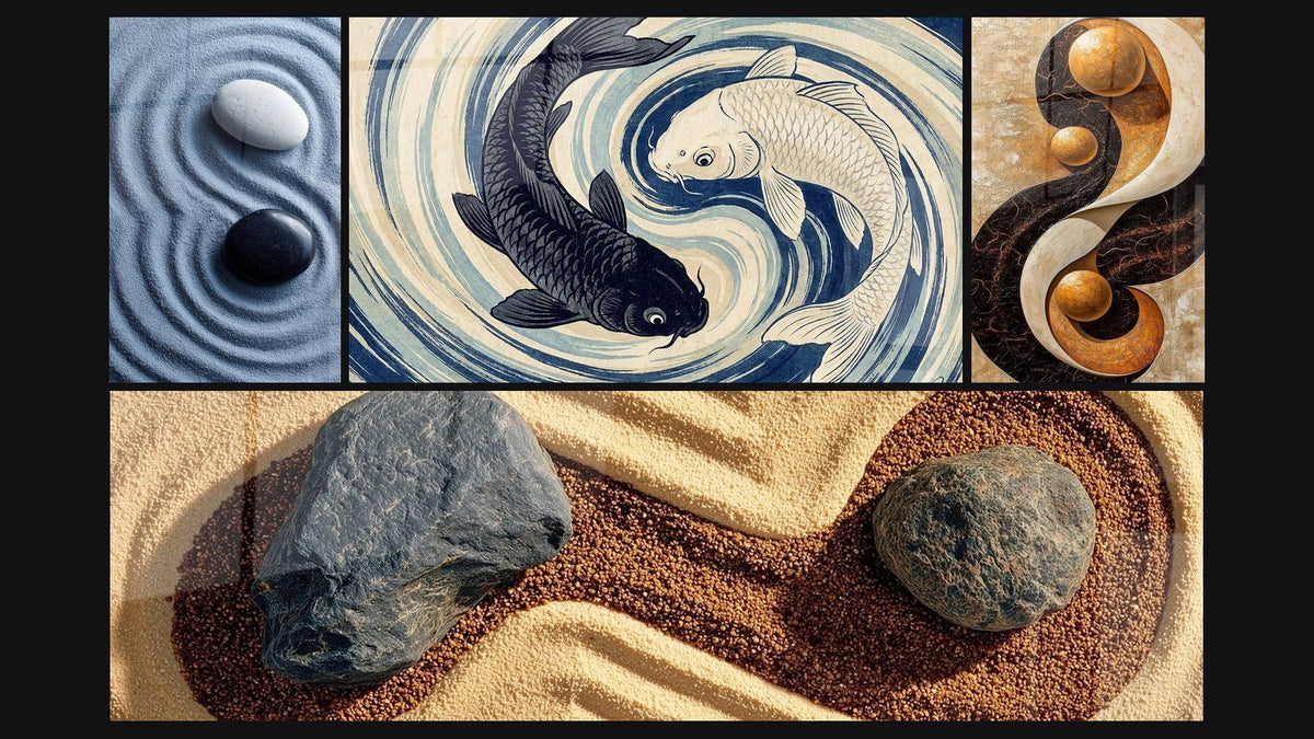 Mosaïque de quatre tableaux, dont Yin Yang Africain danse des contraires