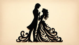 Silhouettes de couple romantique en noir sur fond clair, art minimaliste évocateur et intemporel