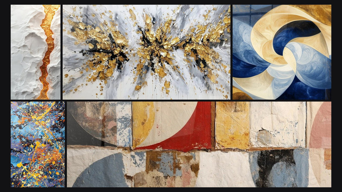 Mosaïque de cinq tableaux, dont Faille dorée serpentine sur relief blanc et Explosion de couleurs