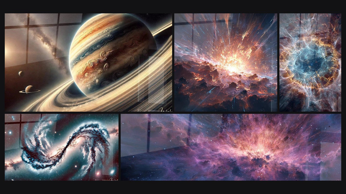 Mosaic of five paintings, including Eternal Rings, Galactic Dance and Cosmic Explosion