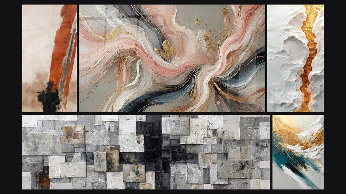 Mosaic of five paintings, including Silk Flows and Golden Crest and Foam