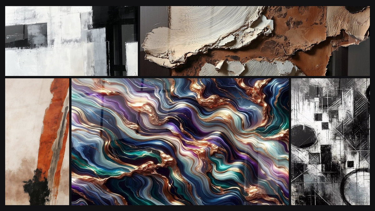 Mosaic of five paintings, including Abstract Earth and Off-White Texture, Serenade Mineral Abstract and Fragments of Absolute