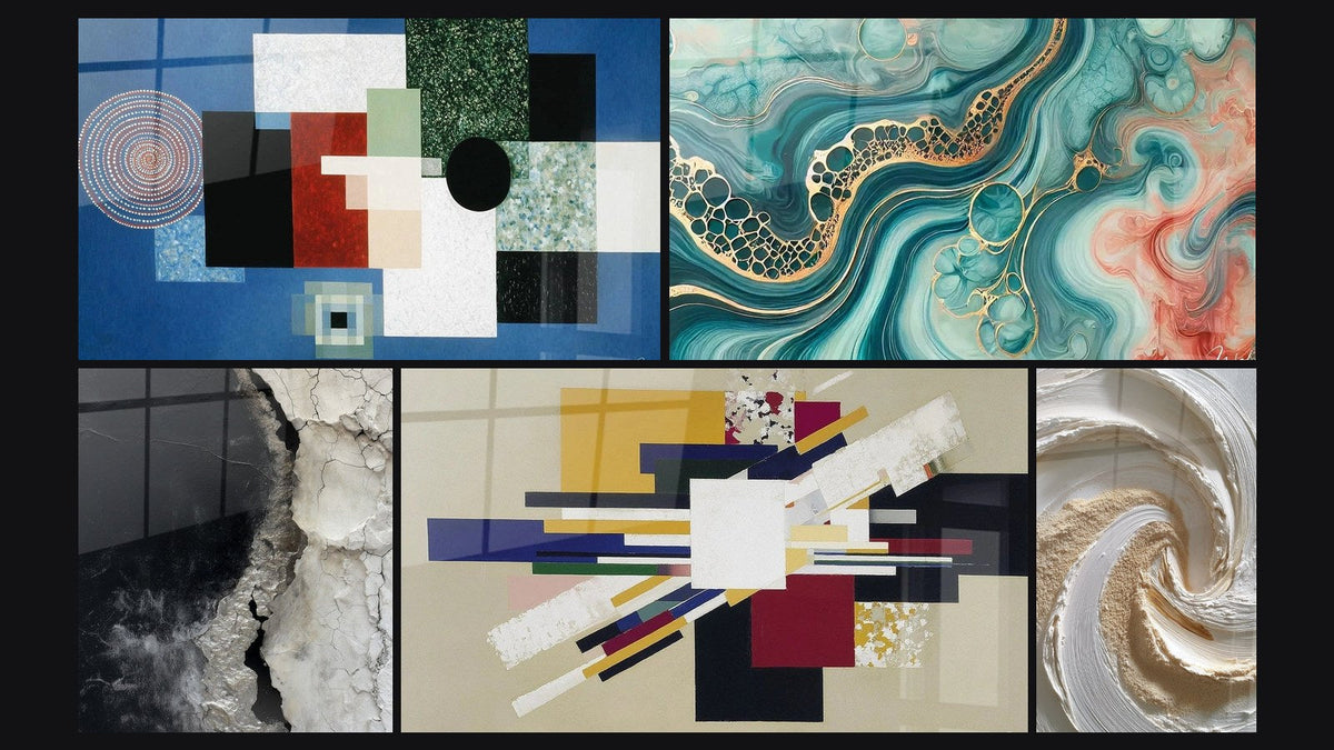 Mosaïque de cinq tableaux, dont Composition Géométrique Ordre Rationnel et Marée d'Aquarelle